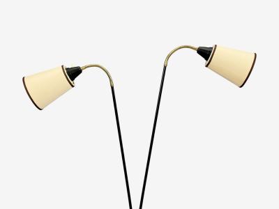 Swedish Modern Floor Lamp Black Lacquered Metal Brass Fabric Sweden 1960s