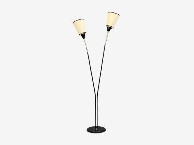 Swedish Modern Floor Lamp Black Lacquered Metal Brass Fabric Sweden 1960s