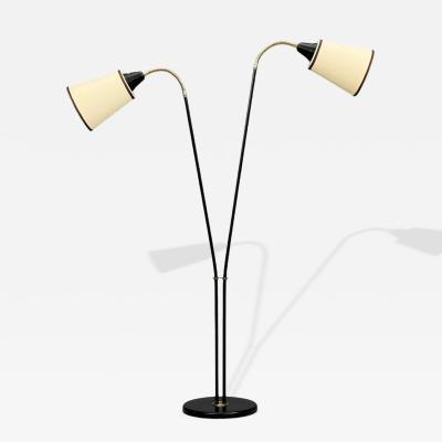 Swedish Modern Floor Lamp Black Lacquered Metal Brass Fabric Sweden 1960s