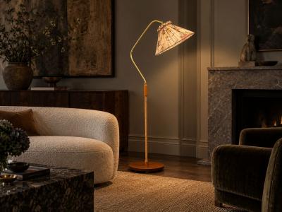 Swedish Modern Floor Lamp Elm Brass Cord Beige Fabric Sweden 1940s