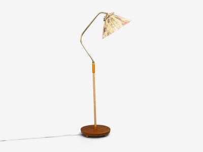 Swedish Modern Floor Lamp Elm Brass Cord Beige Fabric Sweden 1940s