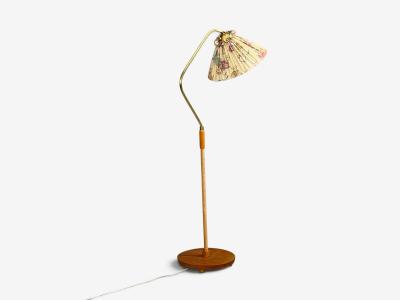 Swedish Modern Floor Lamp Elm Brass Cord Beige Fabric Sweden 1940s