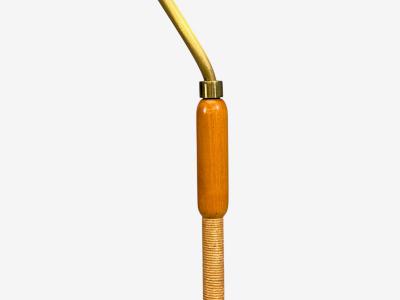 Swedish Modern Floor Lamp Elm Brass Cord Beige Fabric Sweden 1940s