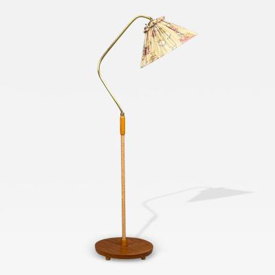Swedish Modern Floor Lamp Elm Brass Cord Beige Fabric Sweden 1940s