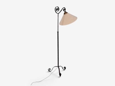Swedish Modern Floor Lamp Forged Iron Fabric Brass Sweden 1950s