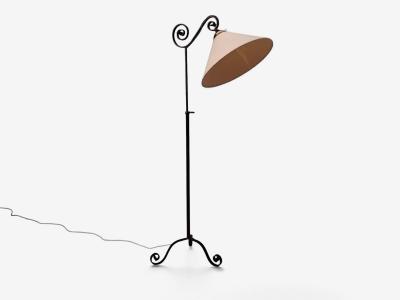 Swedish Modern Floor Lamp Forged Iron Fabric Brass Sweden 1950s