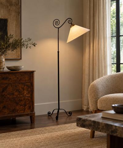 Swedish Modern Floor Lamp Forged Iron Fabric Brass Sweden 1950s