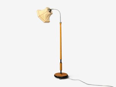 Swedish Modern Floor Lamp Oak Ebonized Wood Suede Sweden 1950s