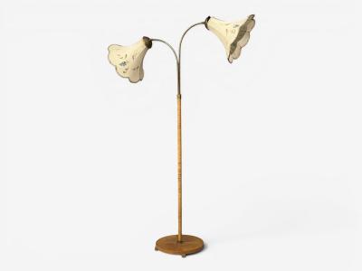 Swedish Modern Floor Lamp Rattan Elm Fabric Sweden 1940s