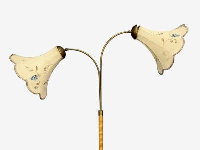 Swedish Modern Floor Lamp Rattan Elm Fabric Sweden 1940s