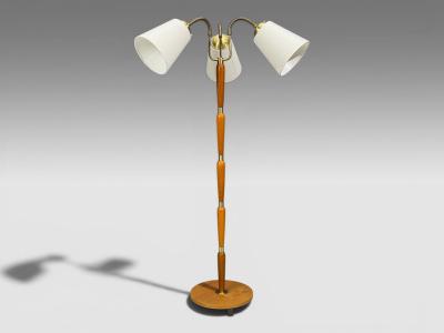 Swedish Modern Floor Lamp Stained Wood Fabric Sweden 1950s