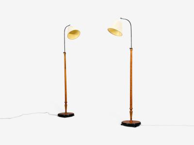 Swedish Modern Floor Lamps Burl Ebonized Wood Fabric Sweden 1940s
