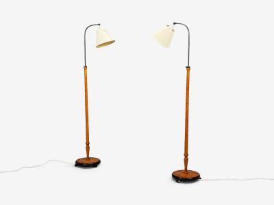 Swedish Modern Floor Lamps Burl Ebonized Wood Fabric Sweden 1940s