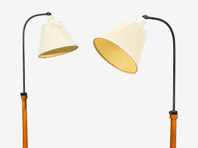 Swedish Modern Floor Lamps Burl Ebonized Wood Fabric Sweden 1940s