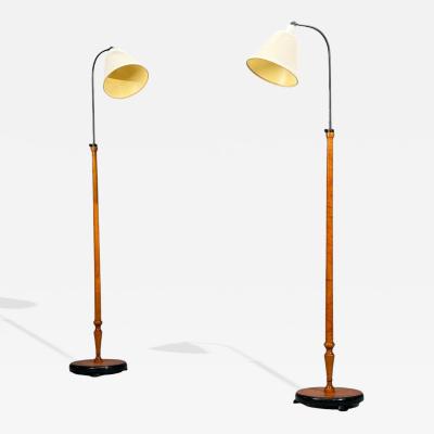 Swedish Modern Floor Lamps Burl Ebonized Wood Fabric Sweden 1940s