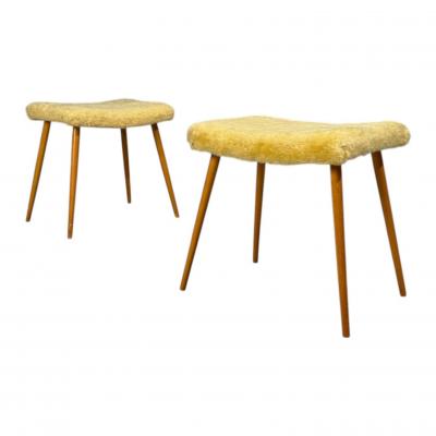 Swedish Modern Footstools Imitation Fur Wood Sweden 1950s