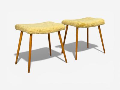 Swedish Modern Footstools Imitation Fur Wood Sweden 1950s