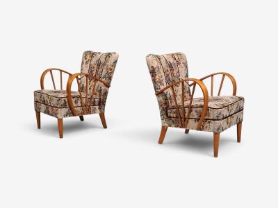 Swedish Modern Lounge Chairs Elm Floral Fabric Sweden 1940s