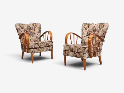 Swedish Modern Lounge Chairs Elm Floral Fabric Sweden 1940s