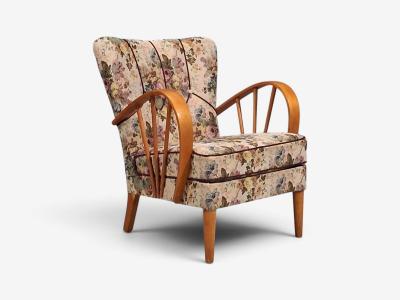 Swedish Modern Lounge Chairs Elm Floral Fabric Sweden 1940s
