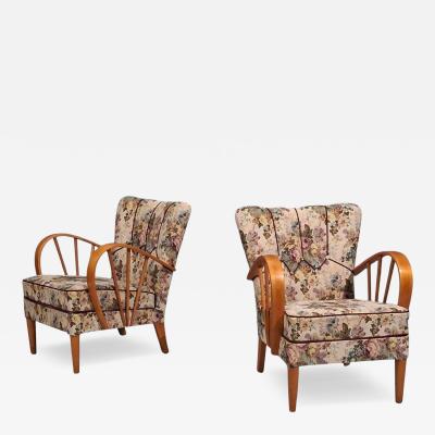 Swedish Modern Lounge Chairs Elm Floral Fabric Sweden 1940s