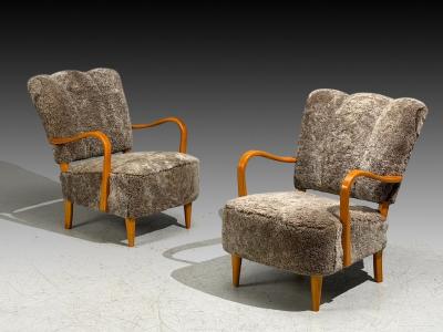 Swedish Modern Lounge Chairs Elm Gray Shearling Sweden 1940s