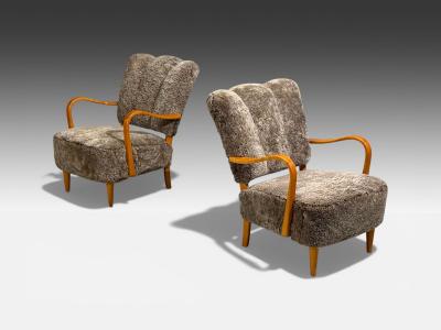 Swedish Modern Lounge Chairs Elm Gray Shearling Sweden 1940s