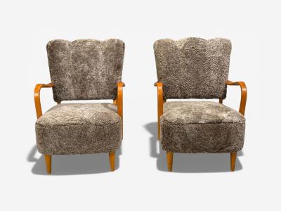 Swedish Modern Lounge Chairs Elm Gray Shearling Sweden 1940s