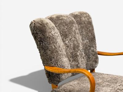 Swedish Modern Lounge Chairs Elm Gray Shearling Sweden 1940s