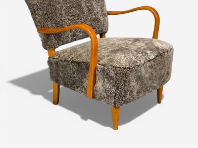 Swedish Modern Lounge Chairs Elm Gray Shearling Sweden 1940s