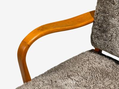 Swedish Modern Lounge Chairs Elm Gray Shearling Sweden 1940s