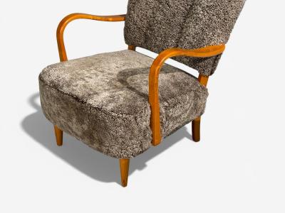 Swedish Modern Lounge Chairs Elm Gray Shearling Sweden 1940s