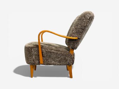 Swedish Modern Lounge Chairs Elm Gray Shearling Sweden 1940s