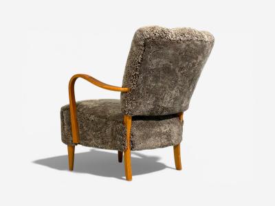 Swedish Modern Lounge Chairs Elm Gray Shearling Sweden 1940s