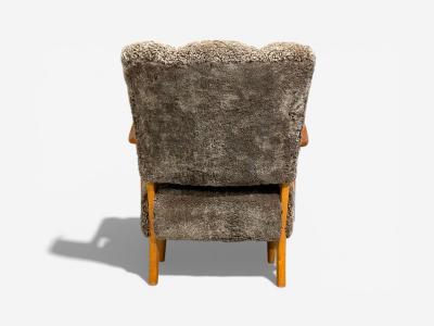 Swedish Modern Lounge Chairs Elm Gray Shearling Sweden 1940s