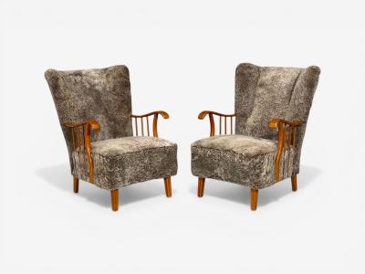 Swedish Modern Lounge Chairs Elm Gray Shearling Sweden 1940s