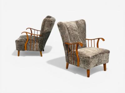 Swedish Modern Lounge Chairs Elm Gray Shearling Sweden 1940s