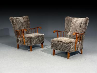 Swedish Modern Lounge Chairs Elm Gray Shearling Sweden 1940s