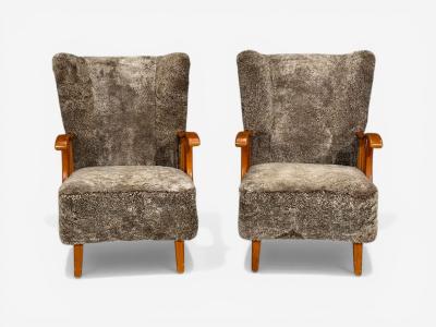 Swedish Modern Lounge Chairs Elm Gray Shearling Sweden 1940s