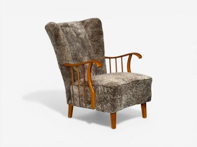 Swedish Modern Lounge Chairs Elm Gray Shearling Sweden 1940s