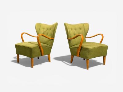 Swedish Modern Lounge Chairs Elm Green Fabric Sweden 1930s