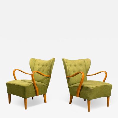 Swedish Modern Lounge Chairs Elm Green Fabric Sweden 1930s