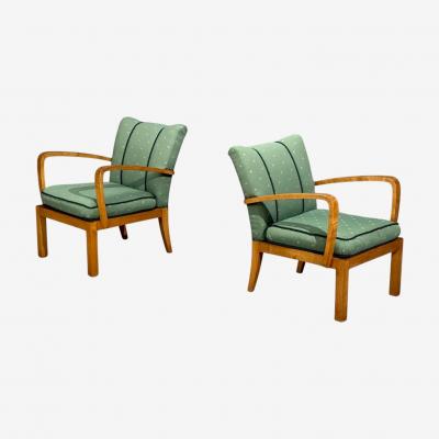 Swedish Modern Lounge Chairs Hardwood Fabric Sweden 1940s