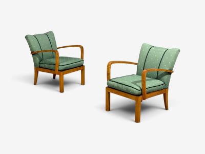 Swedish Modern Lounge Chairs Hardwood Fabric Sweden 1940s