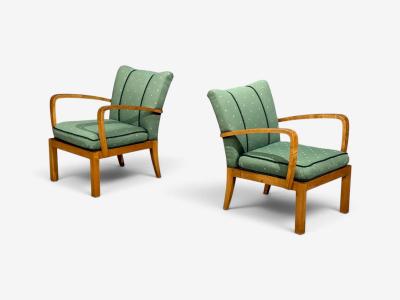 Swedish Modern Lounge Chairs Hardwood Fabric Sweden 1940s