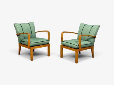 Swedish Modern Lounge Chairs Hardwood Fabric Sweden 1940s