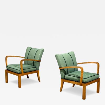 Swedish Modern Lounge Chairs Hardwood Fabric Sweden 1940s