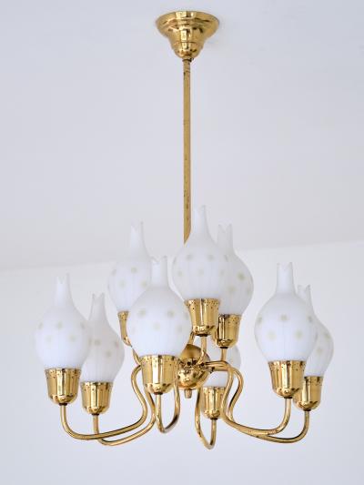 Swedish Modern Nine Arm Chandelier in Brass and Decorated Opal Glass 1950s