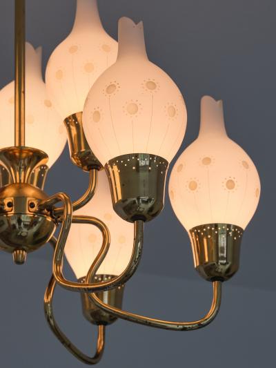 Swedish Modern Nine Arm Chandelier in Brass and Decorated Opal Glass 1950s