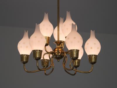 Swedish Modern Nine Arm Chandelier in Brass and Decorated Opal Glass 1950s